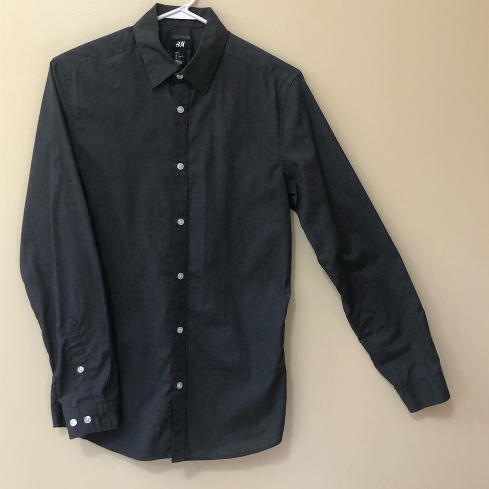 H&M Men’s Easy Iron, Long Sleeve Shirt, Dark Gray, Size S